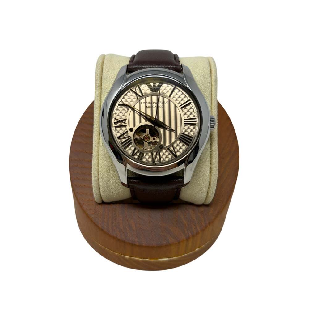 Emporio Armani AR60017 Watch Mens 43mm Automatic Open Heart Brown Leather Box